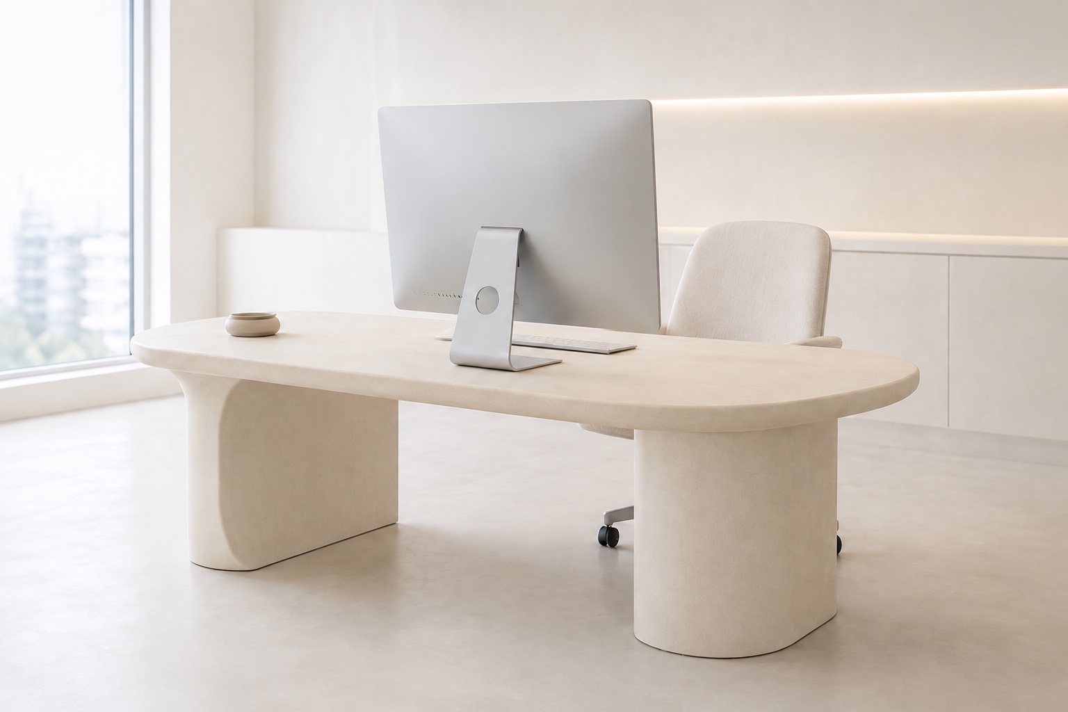 Bright minimalist office with a bespoke microcement desk and the silver back of a desktop computer